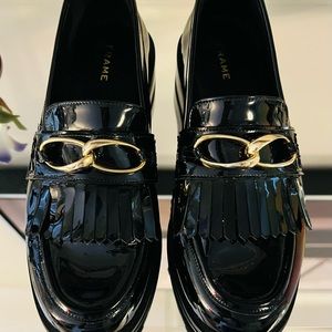 Frame Denim Black and Gold Loafers with Fringe Detail